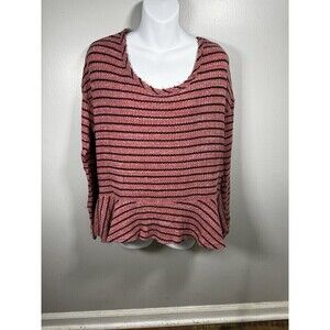Free People We The Free Size M Pink Striped Ribbed Ruffle Peplum Thermal Top
